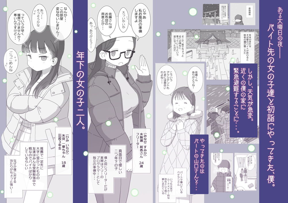 無料エロ漫画 【添い寝エロ漫画】身を寄せ合い暖めあったらいちゃラブ展開が動き出す！？【ある大雪の冷たい夜僕の家の布団の中でバイト先の女の子達が内緒で密着あたためえっちしてくれた。／ひやしまくら】 FANZA